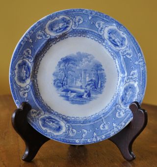 Lovely Antique Ironstone Blue Transferware Staffordshire Toddy Plate Castle