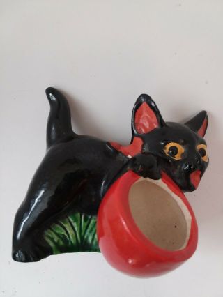 Rare Antique Vintage Halloween Black Cat Ceramic Toothpick Match Holder Japan