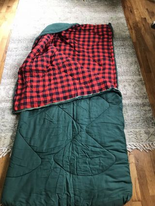Vintage Coleman Sleeping Bag Green 33x75 Red Check Camping Lodge