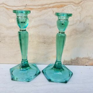 Fenton Sea Mist Green Candlesticks Set Of 2 Vintage Glass Candle Holders