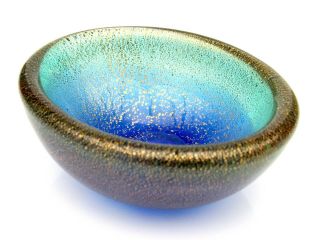 Rare Mid Century Murano Art Glass Biomorphic Bowl Green Blue Gold Leaf Colours