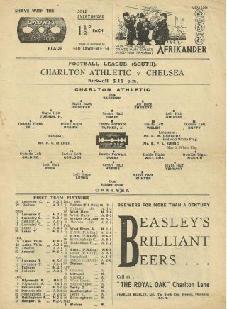 Very Rare Single - Sheet Football Programme Charlton Athletic V Chelsea 1945 - 46