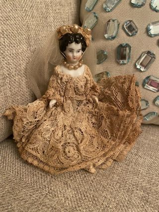 Rare Antique Circa 1880 4” Frozen Charlotte China Doll In Wedding Dress