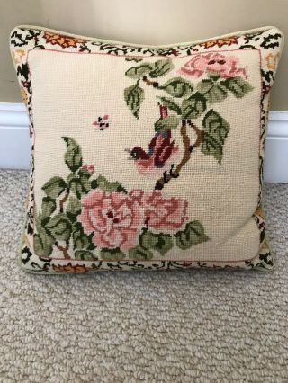 Vintage Tree Floral Bird Pink Hand Stitched Needlepoint Pillow Completed Stuffed