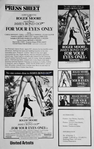 James Bond For Your Eyes Only Rare Double Sided Australian Press Sheet 1981