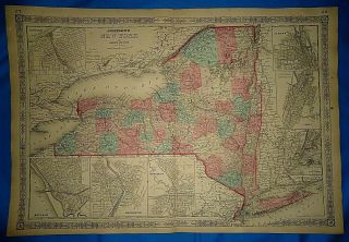 Vintage Civil War Period 1864 Map York State Old Authentic S&h
