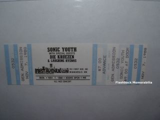 Sonic Youth Concert Ticket 1988 Minneapolis Die Kruezen Laughing Hyenas Rare