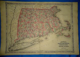 Vintage Civil War Period 1864 Map Massachusetts Ct Ri Old Authentic