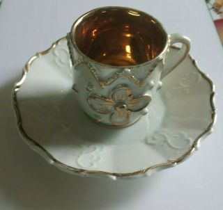 Antique Miniature Tea Cup & Saucer White & Gold China Mini Set Vgc