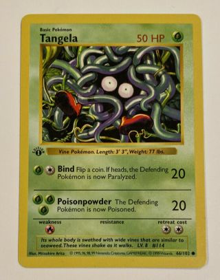 1999 Pokemon 1st Edition Shadowless Base Set Tangela Card 66/102 - Rare
