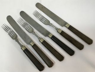 Antique Flatware Cutlery Wood Handles Set Of 3 Knives & Forks Ornate Bands Lf&c