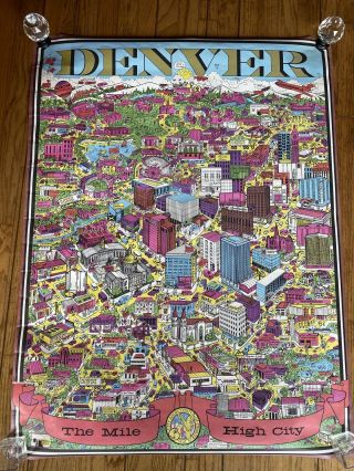 Rare 1971 Denver “the Mile High City” Caricature Map Poster Printed In Canada