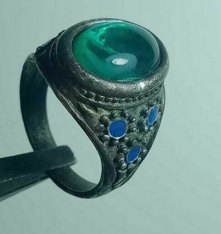 Ancient Ring Old Vintage - Antique Roman Silver Artifact Shine Green Rare Stone.