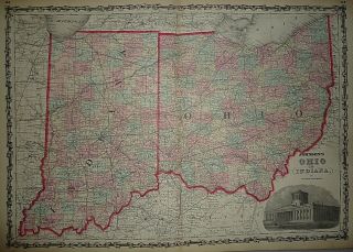 Vintage 1861 Indiana - Ohio Map Old Antique Atlas Map 40218