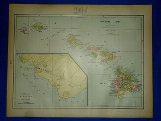 Vintage 1894 Map Hawaii - Hawaiian Islands - Honolulu Old Antique