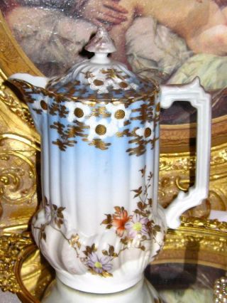 Large Nippon Hand Painted Floral Etched Gold Porcelain Chocolate Coffee Tea Pot