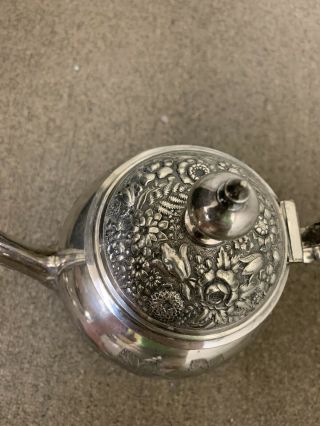 Large tea pot floral repousse/etched Brittania Co.  Meriden Ct 2