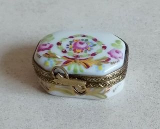 Rare Limoges Trinket Box Ocatgonal Shape Gold And Multicolor Flowers