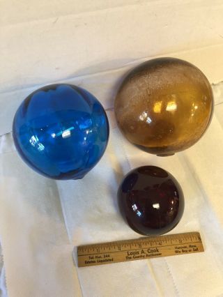 3 Old Antique Hand Blown Glass Ball Fishing Floats Amber Blue & Red