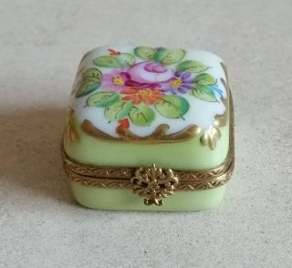 Rare Limoges Trinket Box Square Shape Green With Multicolor Flowers