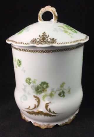 Antique Jean Pouyat Limoges Gold Trim Jam / Condensed Milk Jar W/ Lid 1900 - 1906