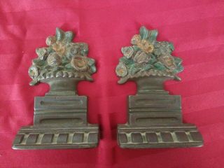 Vintage Cast Iron Bookends Mixed Flowers In Basket - Antique Heavy.  Hubley?