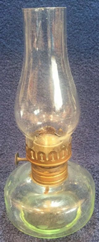 Antique Miniature 7 1/2” Tall Etched Glass Oil Lamp Uranium?