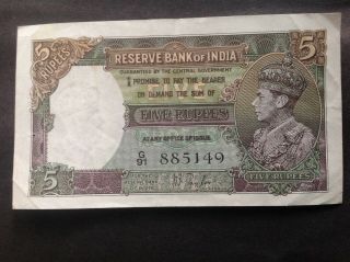 Reserve Bank Of India 5 Rupees King George Vi 885149 Rare And Inscribed On Back