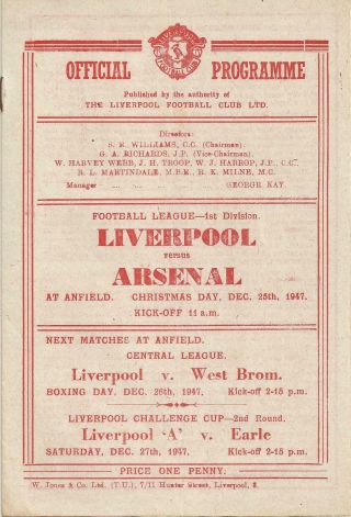 Rare Football Programme Liverpool V Arsenal Christmas Day 1947