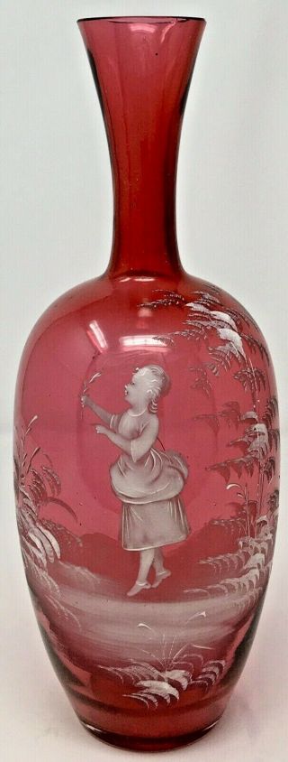 Antique Victorian Mary Gregory Cranberry Handblown Glass Vase - 11 3/4” H