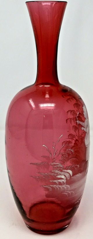 Antique Victorian Mary Gregory Cranberry Handblown Glass Vase - 11 3/4” H 3