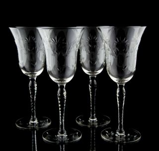 Vintage Floral Cut Water Wine Goblet Glasses Set Of 4 Elegant Stemware