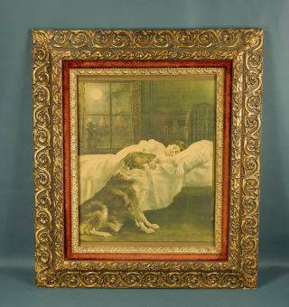 Antique Victorian Picture Frame W/ Glass & Ornate Leaf Motif Has Boy & Dog Print