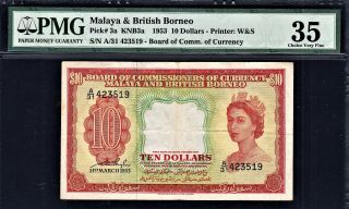 Malaya & British Borneo 10 Dollars 1953 Qeii Pick - 3a Very Fine Pmg 35 Rare