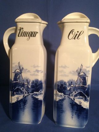 Antique Blue & White Dutch Windmill Oil And Vinegar Cruets.  Made In Germany.