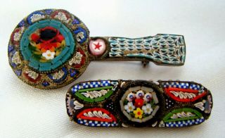 Fine Antique 2 Very Intricate Micro Mosaic Brooches Both Marked " Made In Italy "
