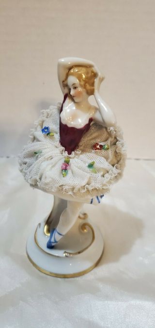 Great Antique Volkstedt Ballerina Tutu Dancer Maiden Figurine Hand Paint Lace 6 "