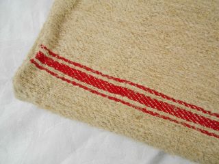 A,  Vtg Antique Red Stripe European Hemp Linen Fabric Feed Sack Grain Bag 21x52