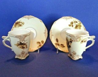 Ohme Co Silesia Germany - 2 Old - Ivory Pedestal Demitasse Teacups And Saucers