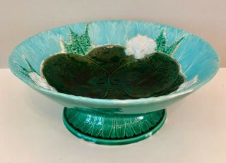 Antique Holdcroft Majolica Water Lily & Fern Large Footed Center Bowl