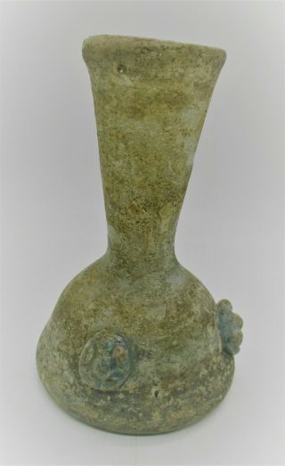 Rare Ancient Roman Glass Urgentarium With Decoration And Iridescent Patina
