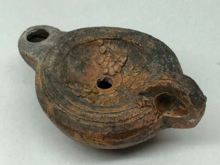 Antique Clay Oil Lamp With Grapes And Leaf Motif W/finger Hold,  Burn Marks (665)