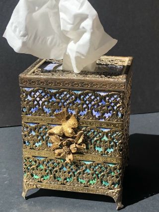 Vintage Gold Hollywood Bird Flower Tissue Kleenex Holder Cover Antique Filigree