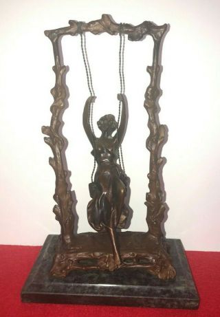 Vintage A.  Moreau Bronze Metal French Art Nouveau Girl On Swing Sculpture Statue
