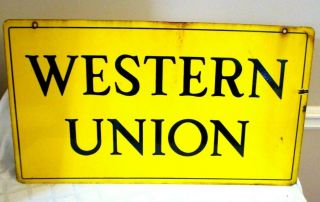 Vintage Western Union Porcelain Double Sided Sign - Rare - Yellow - 30 " Railroad