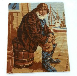 Vintage Needlepoint Sailor Sea Captain Fisherman W Pipe Completed Nautical 15in