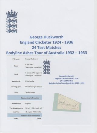 George Duckworth England Cricketer Ashes Bodyline Tour 1932 - 33 Rare Hand Signed