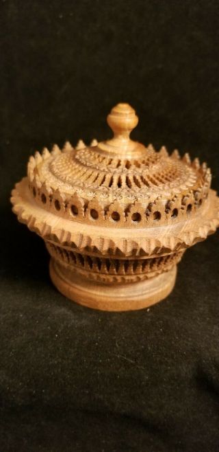 Vintage Hand Carved Wooden Bowl Vase Signed Hand Made With Lid Es