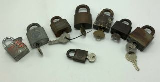 8 Vintage Antique Padlock Lock All Work With Key Combo Eagle Corbin Yale Misc