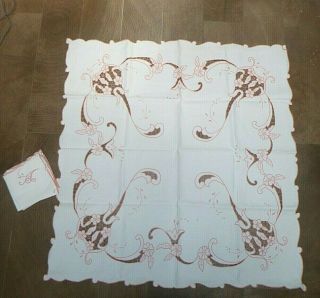 Vintage Hand Embroidered Detailed Tablecloth 32 " White W/ Pink - 4 Napkins